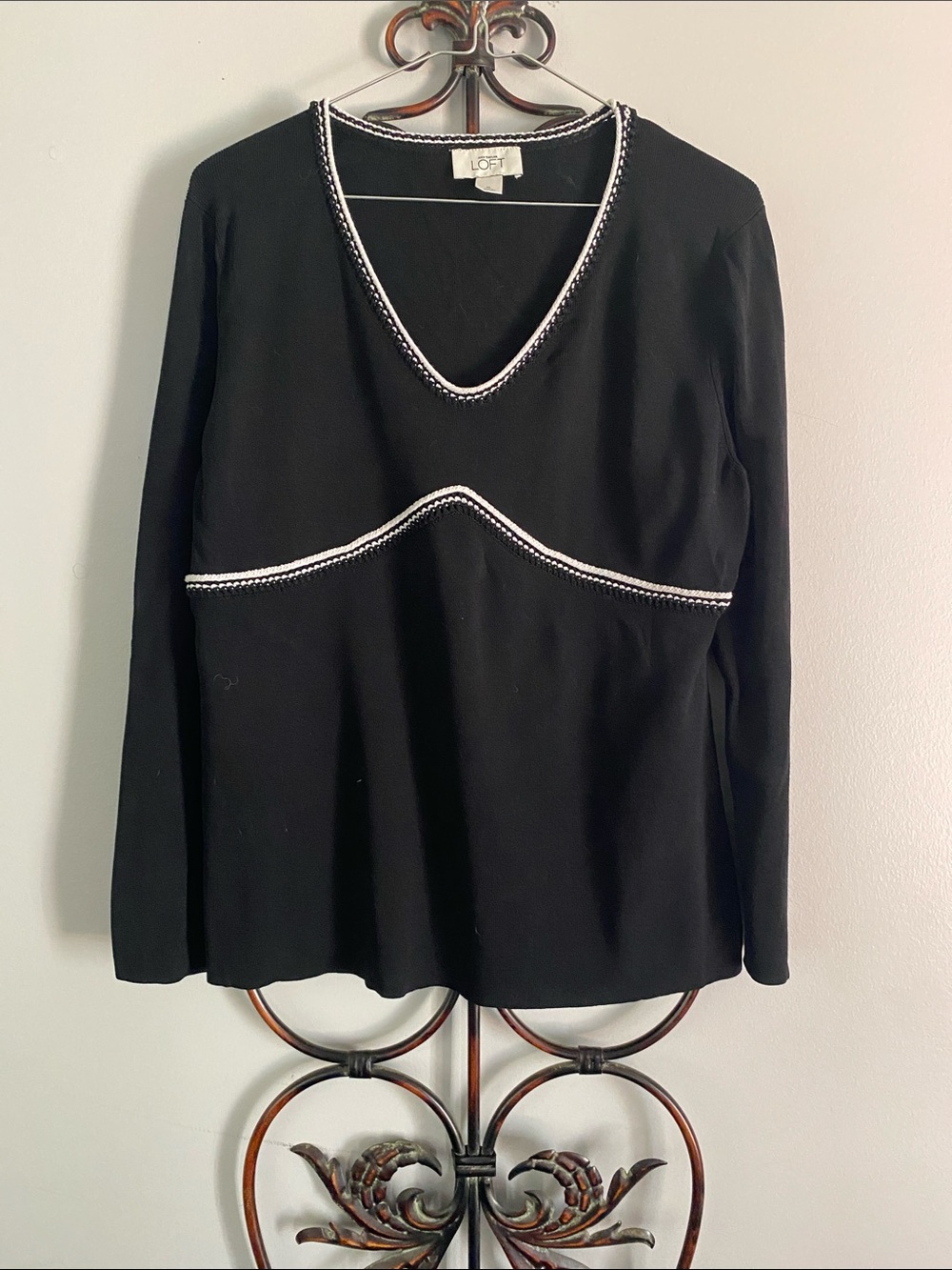 LOFT Black Long-Sleeve V-Neck Top with White Contrast Trim